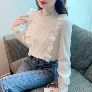 Women's O-Neck Polyester Long Sleeves Ruffled Casual Blouses
