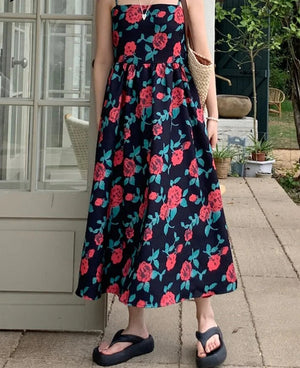 Women's Polyester Square-Neck Sleeveless Floral Pattern Dress