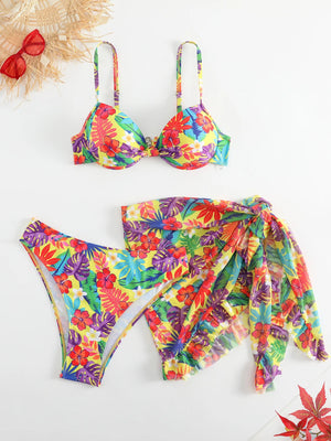 Women's Polyester Mid Waist Swimwear Floral Pattern Bikini Set