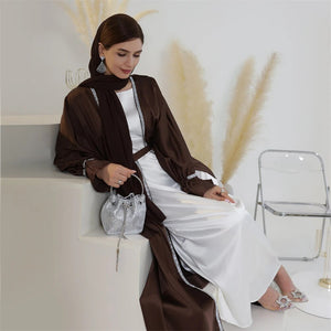 Women's Arabian O-Neck Polyester Full Sleeve Solid Open Abaya