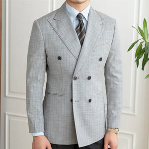 Men's Notched Collar Long Sleeve Plaid Double Breasted Blazers