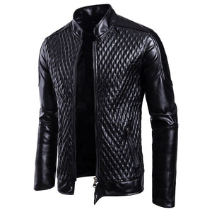 Men's Stand Neck PU Leather Long Sleeve Zipper Slit Pocket Jacket