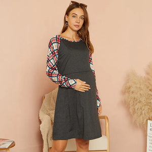 Women's Polyester Long Sleeves Plaid Breastfeeding Maternity Dress