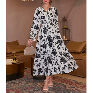 Women's Polyester V-Neck Full Sleeve Floral Pattern Elegant Dress