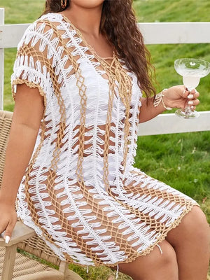 Women's V-Neck Cotton Short Sleeves Hollow-Out Beach Cover Up