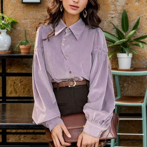 Women's Polyester Turn-Down Collar Long Sleeve Plain Casual Blouses