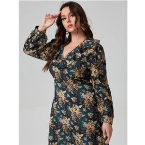 Women's Polyester V-Neck Long Sleeves Floral Pattern Casual Dress