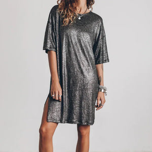 Women's O-Neck Short Sleeves Sequined Sparkling Pullover Dress