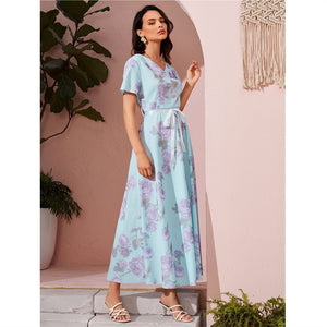 Women's Polyester V-Neck Short Sleeves Floral Pattern Dress