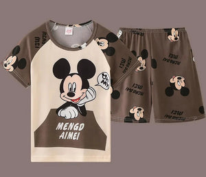 Kid's Polyester O-Neck Short Sleeve Mickey Mouse Sleepwear Set