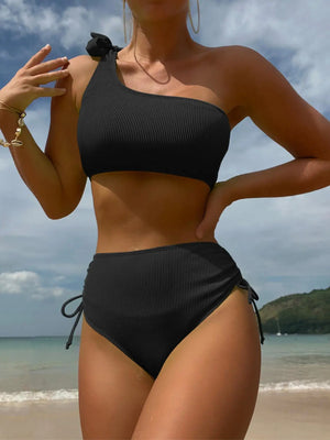 Women's Polyester Mid Waist Push Up One Shoulder Sexy Bikini Set