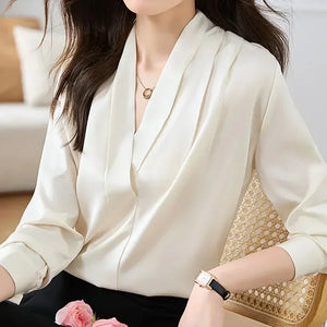 Women's V-Neck Polyester Long Sleeve Solid Pattern Casual Blouses