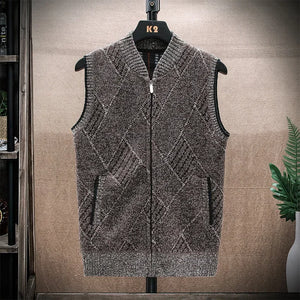 Men's Wool V-Neck Sleeveless Zipper Casual Wear Knitted Sweater