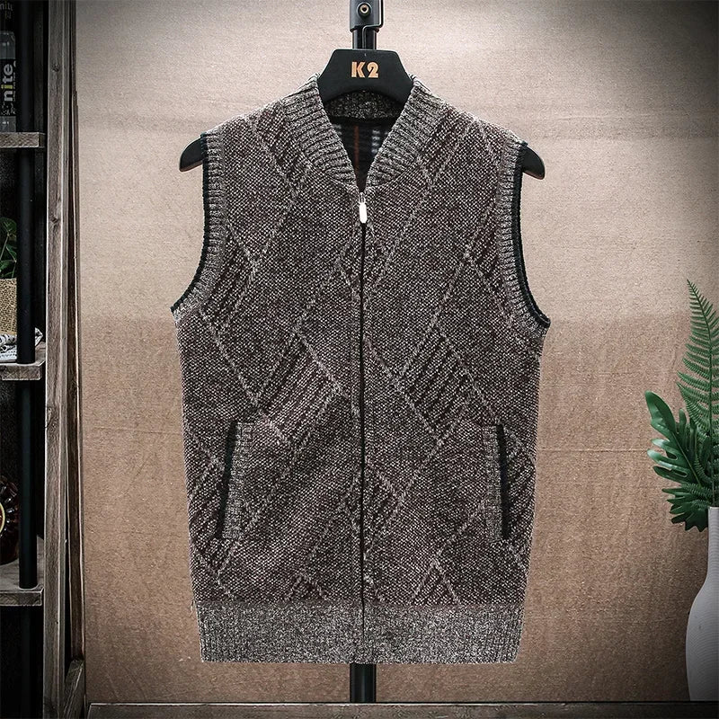 Men's Wool V-Neck Sleeveless Zipper Casual Wear Knitted Sweater