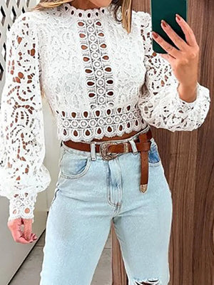Women's O-Neck Polyester Long Sleeves Hollow Out Casual Blouses
