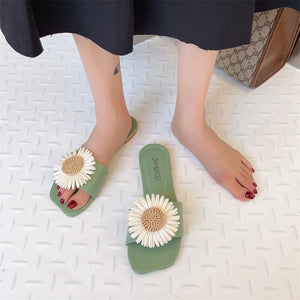 Women's PU Square Toe Slip-On Closure Flat Floral Pattern Slipper