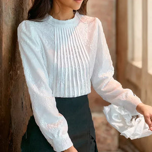 Women's O-Neck Polyester Long Sleeves Pleated Casual Blouses