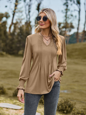 Women's Polyester V-Neck Long Sleeves Solid Pattern Blouses