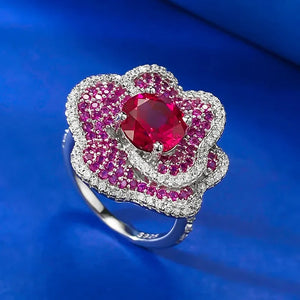 Women's 100% 925 Sterling Silver Ruby Wedding Flower Jewelry Set