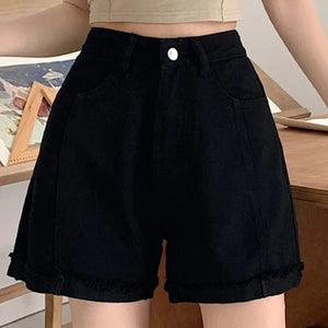 Women's Polyester High Waist Zipper Fly Casual Solid Denim Shorts