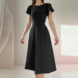 Women's Polyester O-Neck Short Sleeve Solid Pattern Sexy Dress