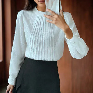 Women's O-Neck Polyester Long Sleeves Pleated Casual Blouses