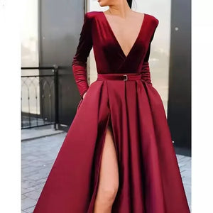 Women's Satin V-Neck Long Sleeves Solid Pattern Prom Maxi Dress