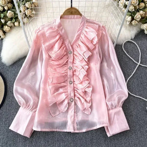 Women's Polyester V-Neck Long Sleeve Ruffle Pattern Casual Blouses