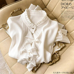 Women's Polyester V-Neck Long Sleeve Ruffle Pattern Casual Blouses
