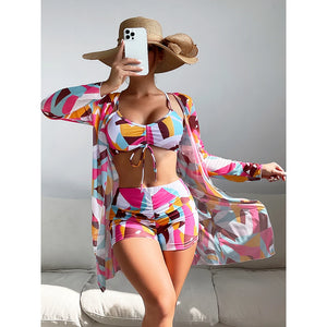 Women's Polyester High Waist Swimwear Three-Piece Bikini Set