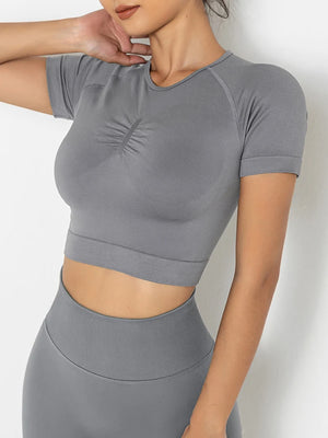 Women's Nylon O-Neck Short Sleeves Fitness Yoga Workout Crop Top