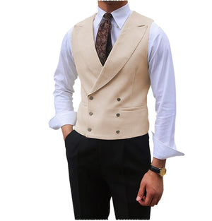 Men's Cotton V-Neck Sleeveless Double Breasted Slim Formal Vests