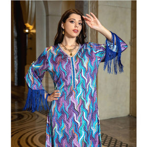 Women's Arabian V-Neck Polyester Full Sleeves Patchwork Dresses