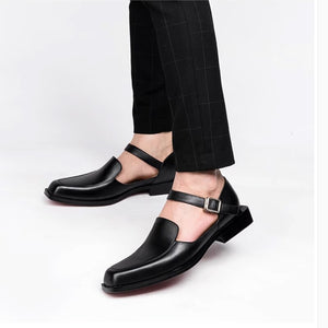 Men's Genuine Leather Square Toe Buckle Strap Closure Sandals