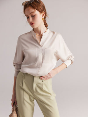 Women's Silk V-Neck Long Sleeve Plain Pattern Casual Blouses