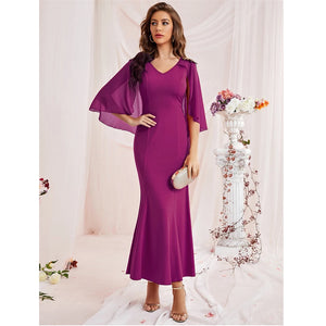 Women's V-Neck Polyester Long Sleeve Plain Pattern Party Dress