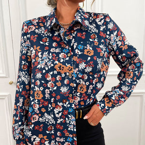 Women's Turn-Down Collar Long Sleeve Floral Pattern Casual Blouses