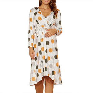 Women's Polyester Long Sleeves Dotted Breastfeeding Maternity Dress