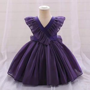 Kid Girl's V-Neck Cotton Sleeveless Ruffle Pattern Elegant Dress