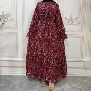 Women's Arabian O-Neck Polyester Full Sleeve Printed Abaya
