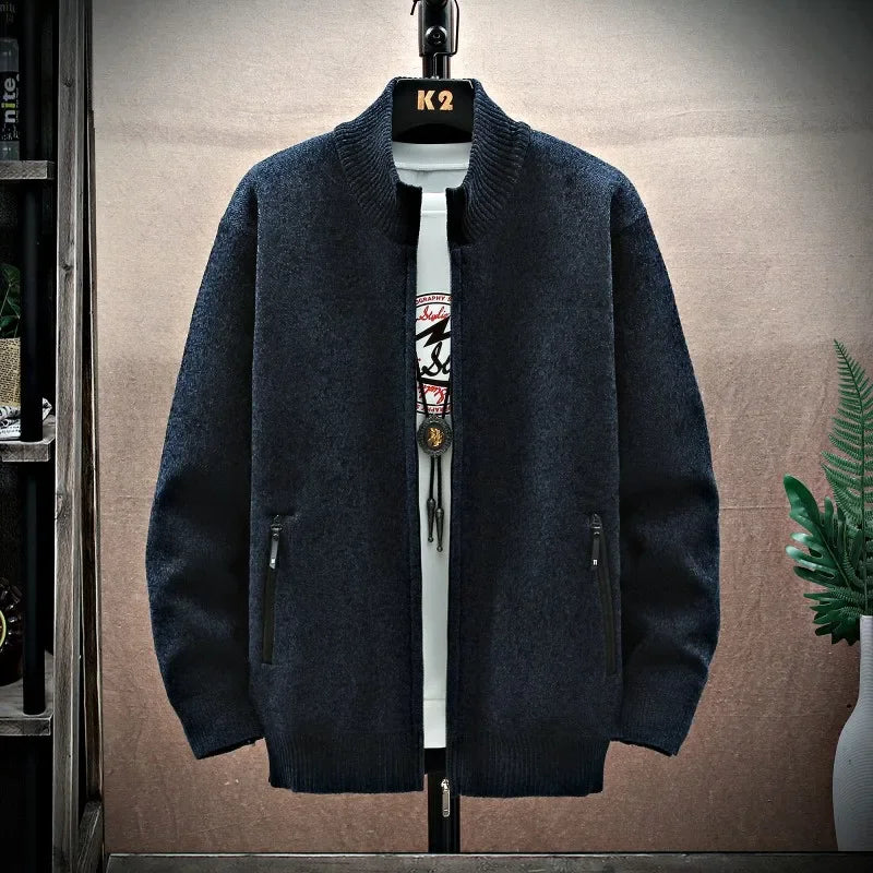 Men's Cotton Stand Collar Zipper Closure Solid Pattern Jacket