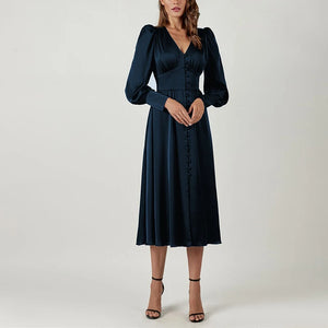 Women's Polyester V-Neck Long Sleeves Solid Pattern Casual Dress