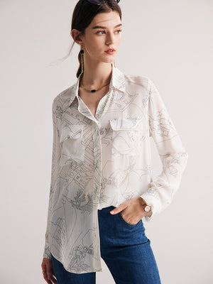 Women's Silk Turn-down Collar Long Sleeve Printed Pattern Blouses