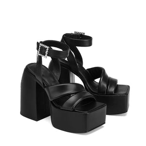 Women's PU Square Toe Buckle Strap Closure High Heel Party Sandals