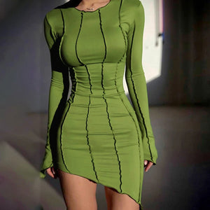 Women's Polyester O-Neck Long Sleeves Solid Pattern Party  Dress