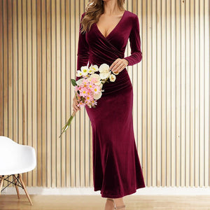 Women's Polyester V-Neck Long Sleeve Solid Pattern Party Dress