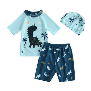 Kid's Boy Polyester Short Sleeve Animal Pattern Swimwear With Cap