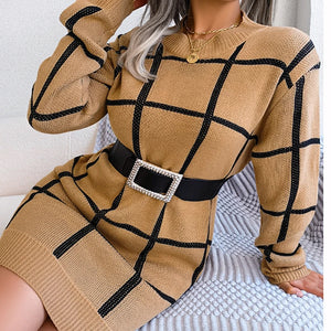 Women's Polyester O-Neck Long Sleeves Plaid Pattern Casual Dress
