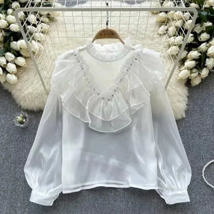 Women's O-Neck Polyester Long Sleeves Ruffles Casual Blouses