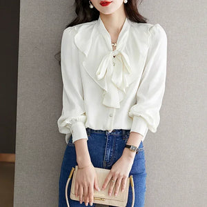 Women's V-Neck Polyester Long Sleeve Solid Pattern Casual Blouses